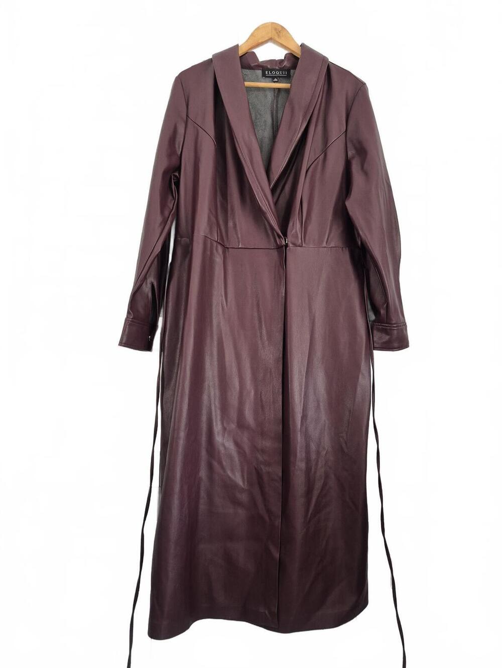 Eloquii Shawl Collar Vegan Faux Leather Wrap Dress Long Sleeve Midi Style Belted